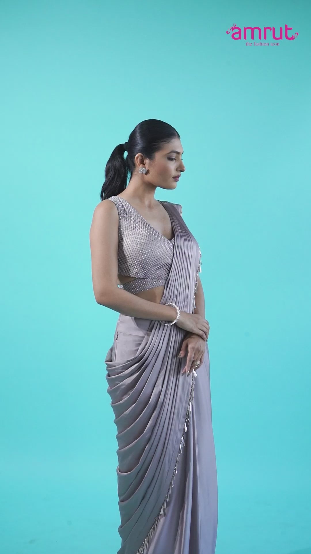 Light Purple Ready-to-Wear Saree with Beaded Fringe Border and Sequined Blouse