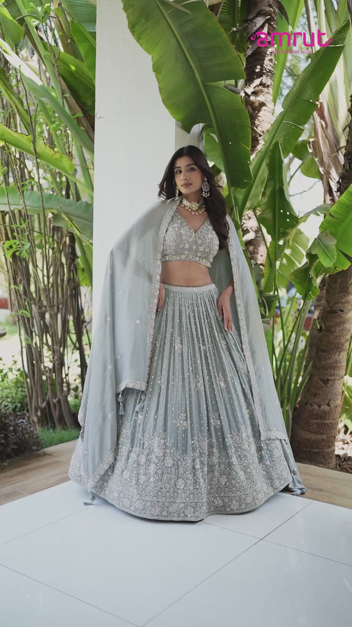 Light Grey Embroidery Embellished Lehenga Choli with Dupatta