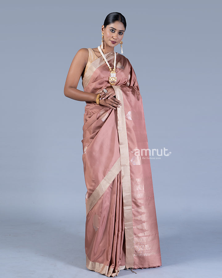 Light Dusty Rose with Cream Border and Gold Zari Motifs Saree with unstitched blouse