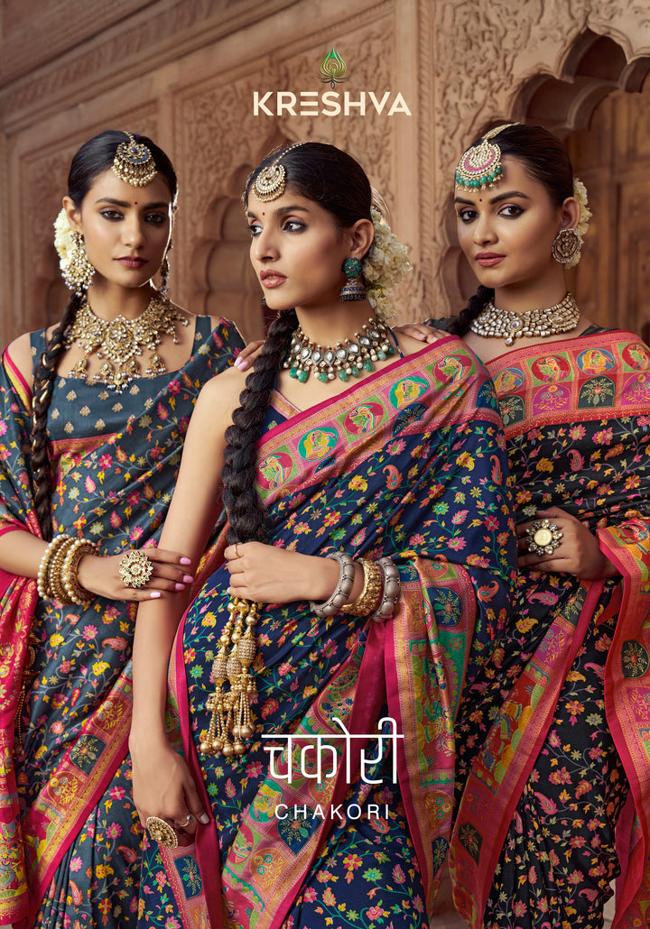 Charcoal Grey Heritage Pashmina Printed Saree with Pink Border & Traditional Motifs