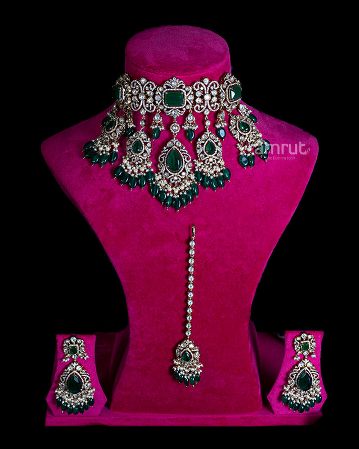 Green Teardrop Bead-Embellished Bridal Choker Necklace with Earrings and Mang Tikka Set