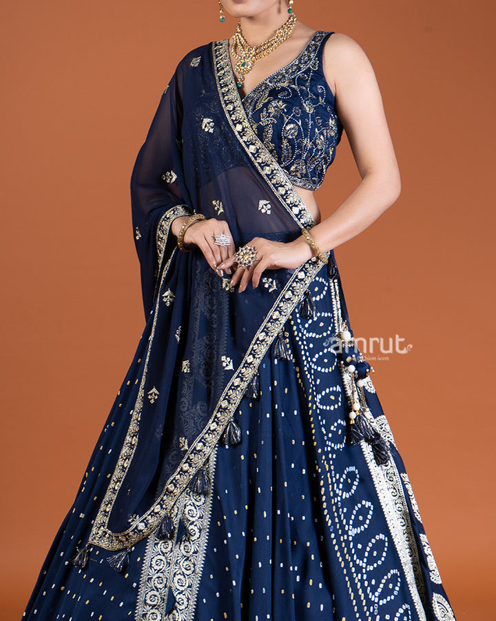 Blue Bandhani Lehenga with Embroidered Choli and Draped Dupatta