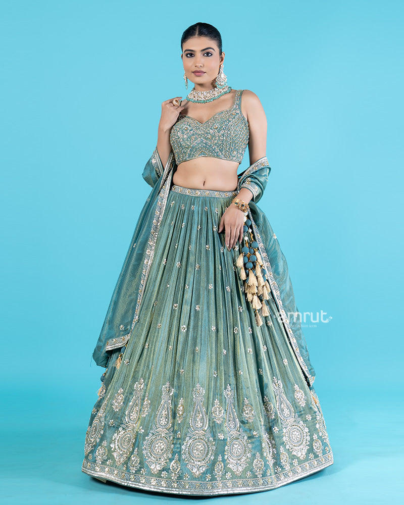 Teal Tissue Silk Lehenga Choli with Sequin and Zari Embroidery and Dupatta