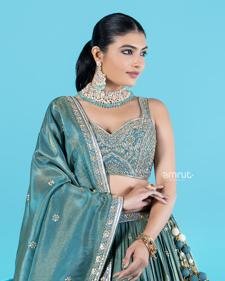 Teal Tissue Silk Lehenga Choli with Sequin and Zari Embroidery and Dupatta