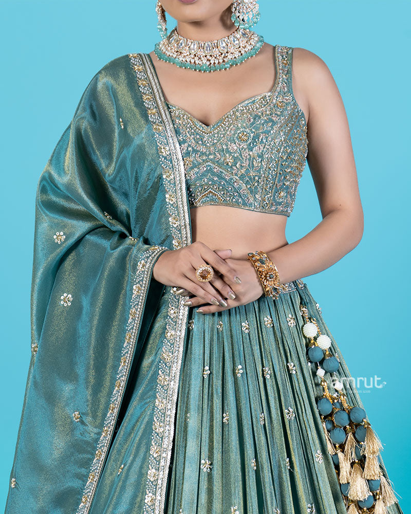 Teal Tissue Silk Lehenga Choli with Sequin and Zari Embroidery and Dupatta