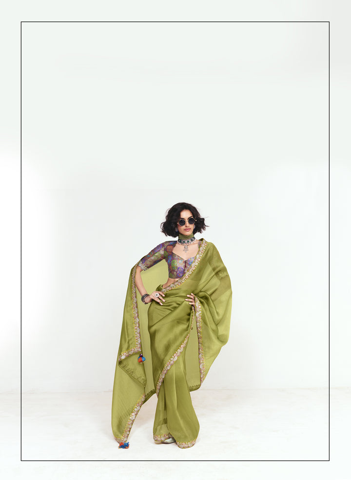 Olive Green Georgette Saree with Embroidered Border