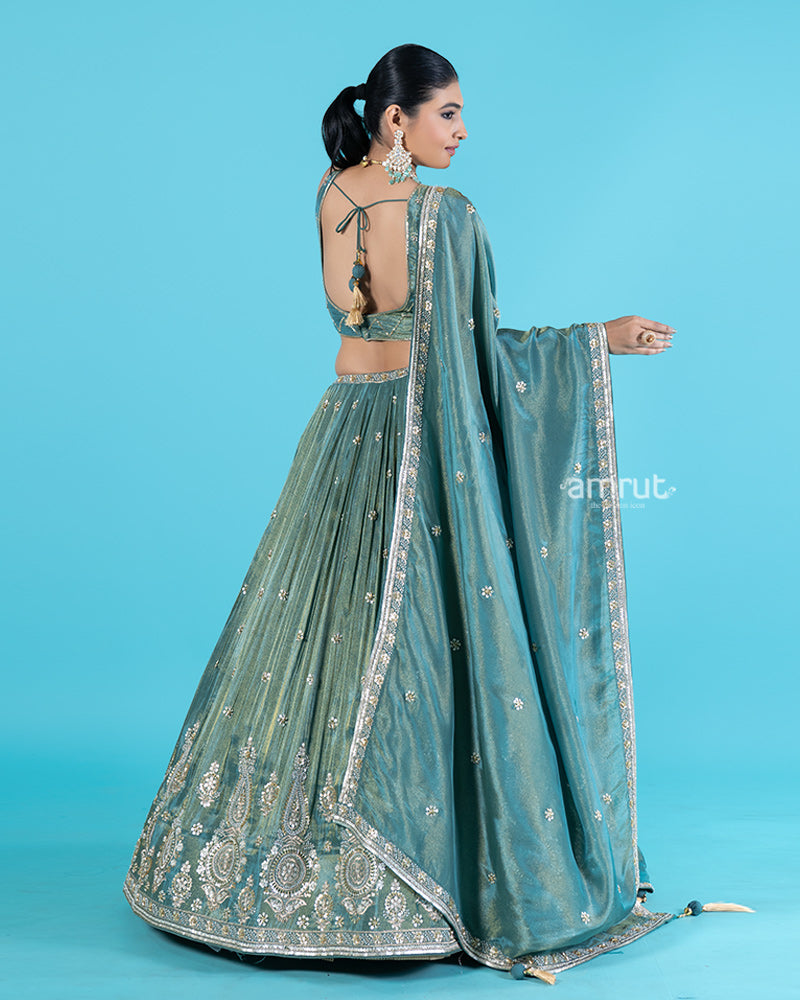 Teal Tissue Silk Lehenga Choli with Sequin and Zari Embroidery and Dupatta