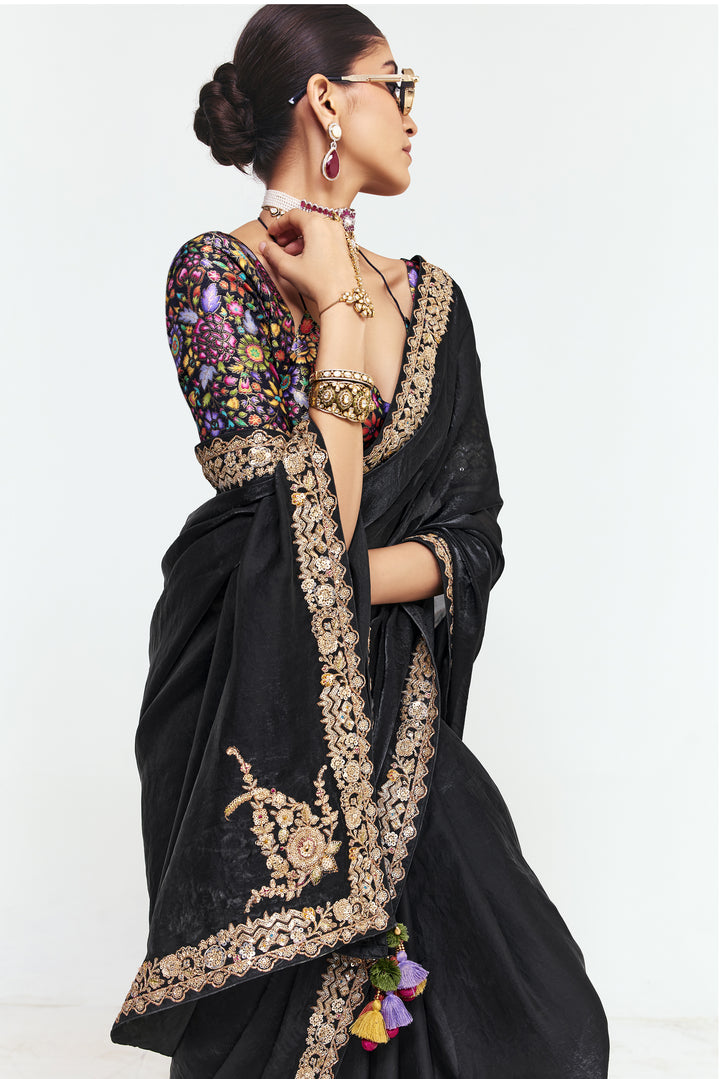 Classic Black Georgette Saree with Heavy Embroidered Border