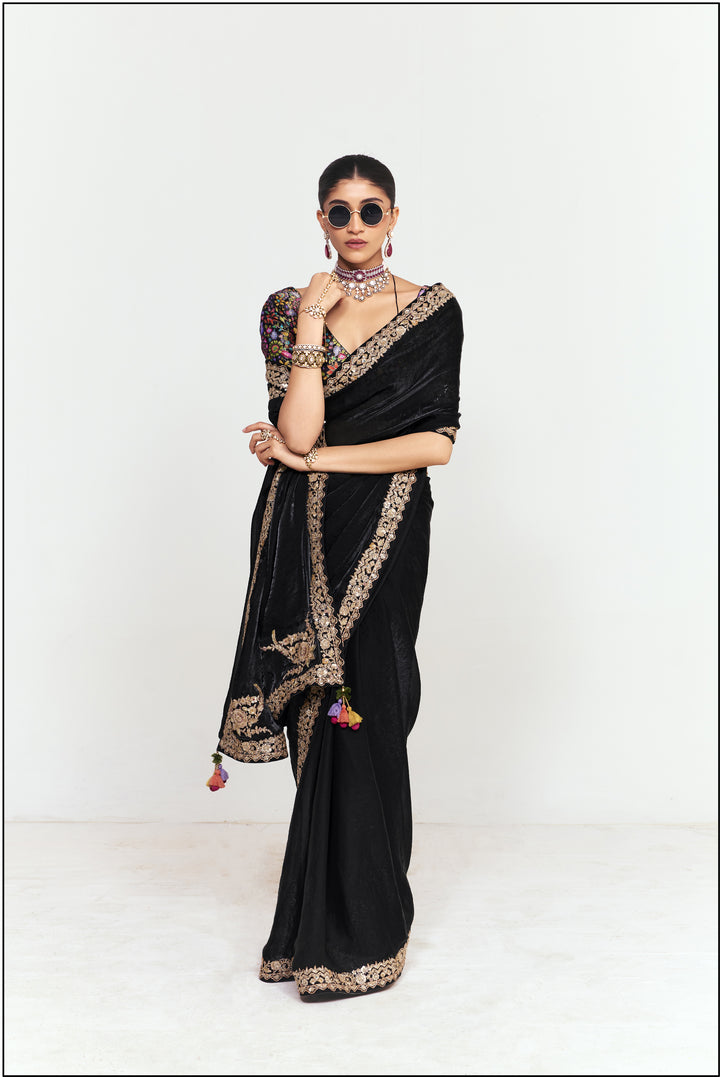 Classic Black Georgette Saree with Heavy Embroidered Border