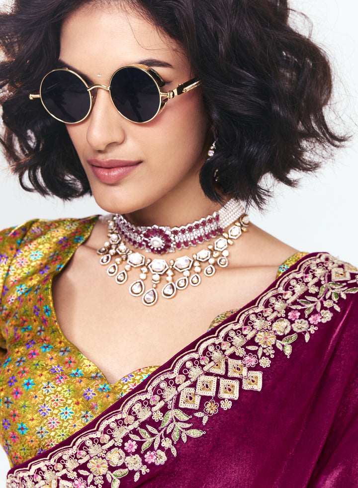 Wine Georgette Saree with Heavy Embroidered Border & Designer Blouse