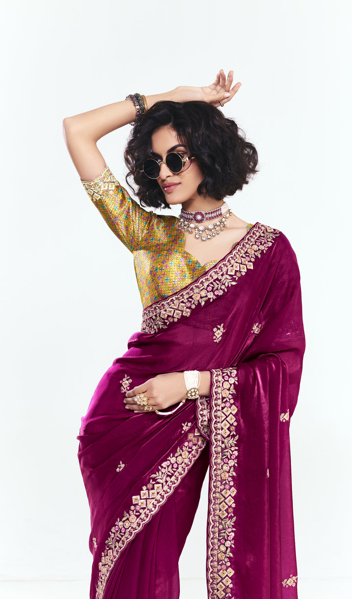 Wine Georgette Saree with Heavy Embroidered Border & Designer Blouse