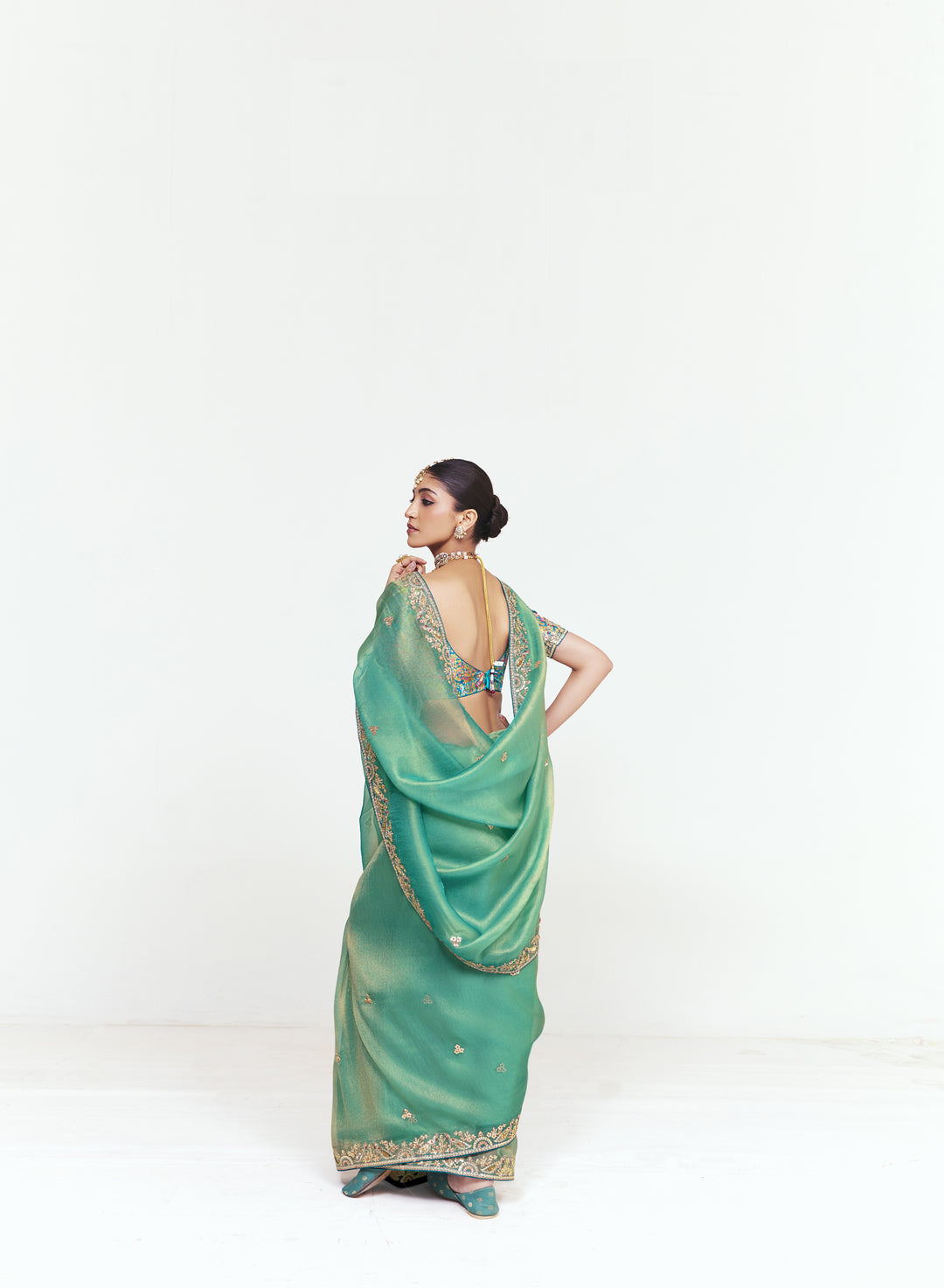 Sea Green Georgette Saree with Heavy Embroidered Border