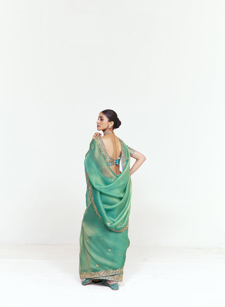 Sea Green Georgette Saree with Heavy Embroidered Border