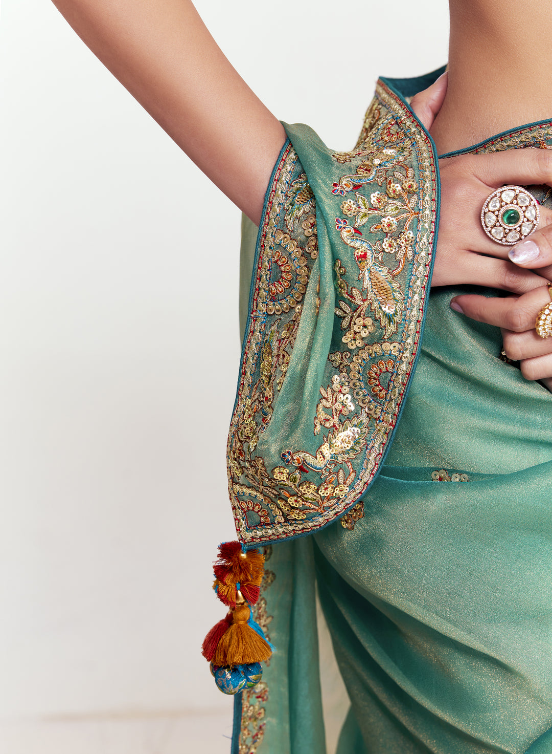 Sea Green Georgette Saree with Heavy Embroidered Border