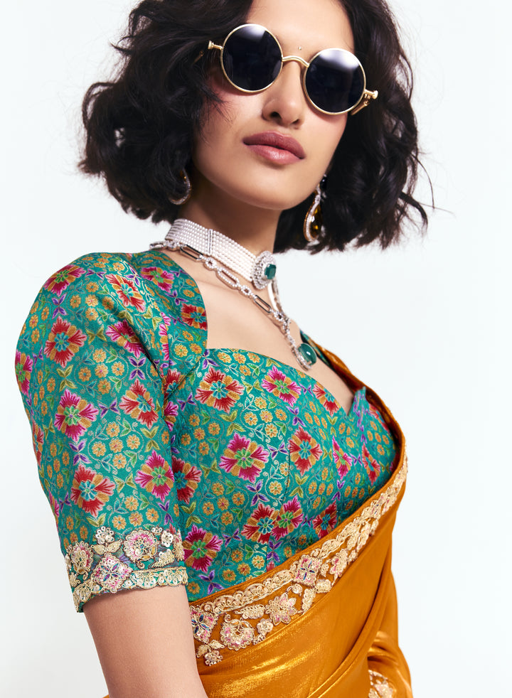 Mustard Satin Saree with Embroidered Border & Designer Blouse