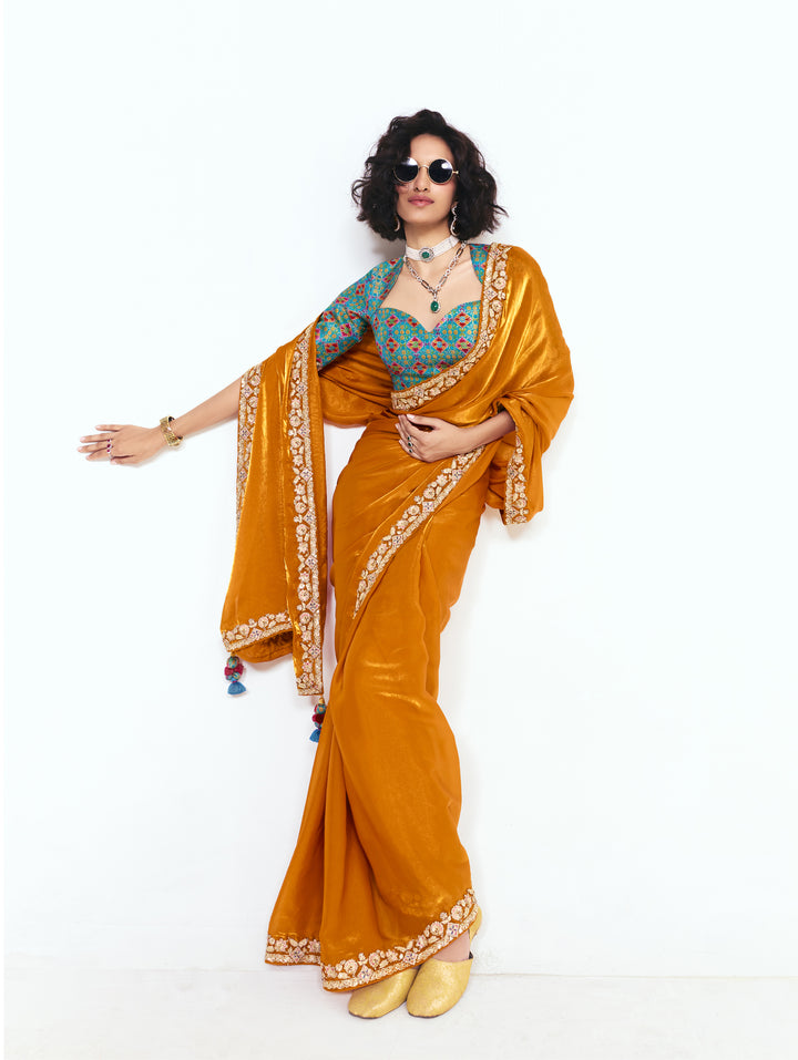 Mustard Satin Saree with Embroidered Border & Designer Blouse