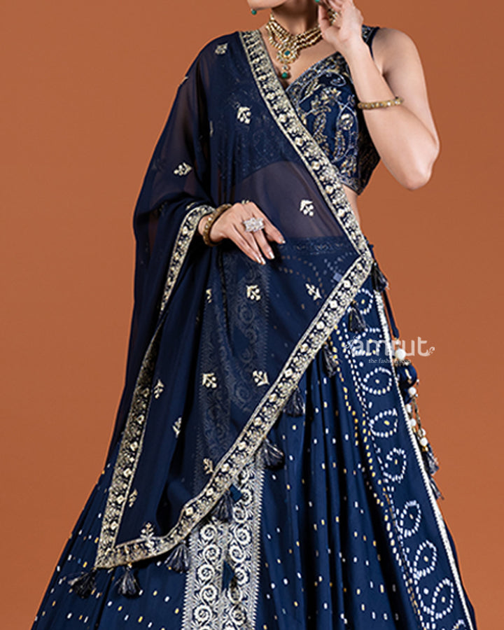 Blue Bandhani Lehenga with Embroidered Choli and Draped Dupatta