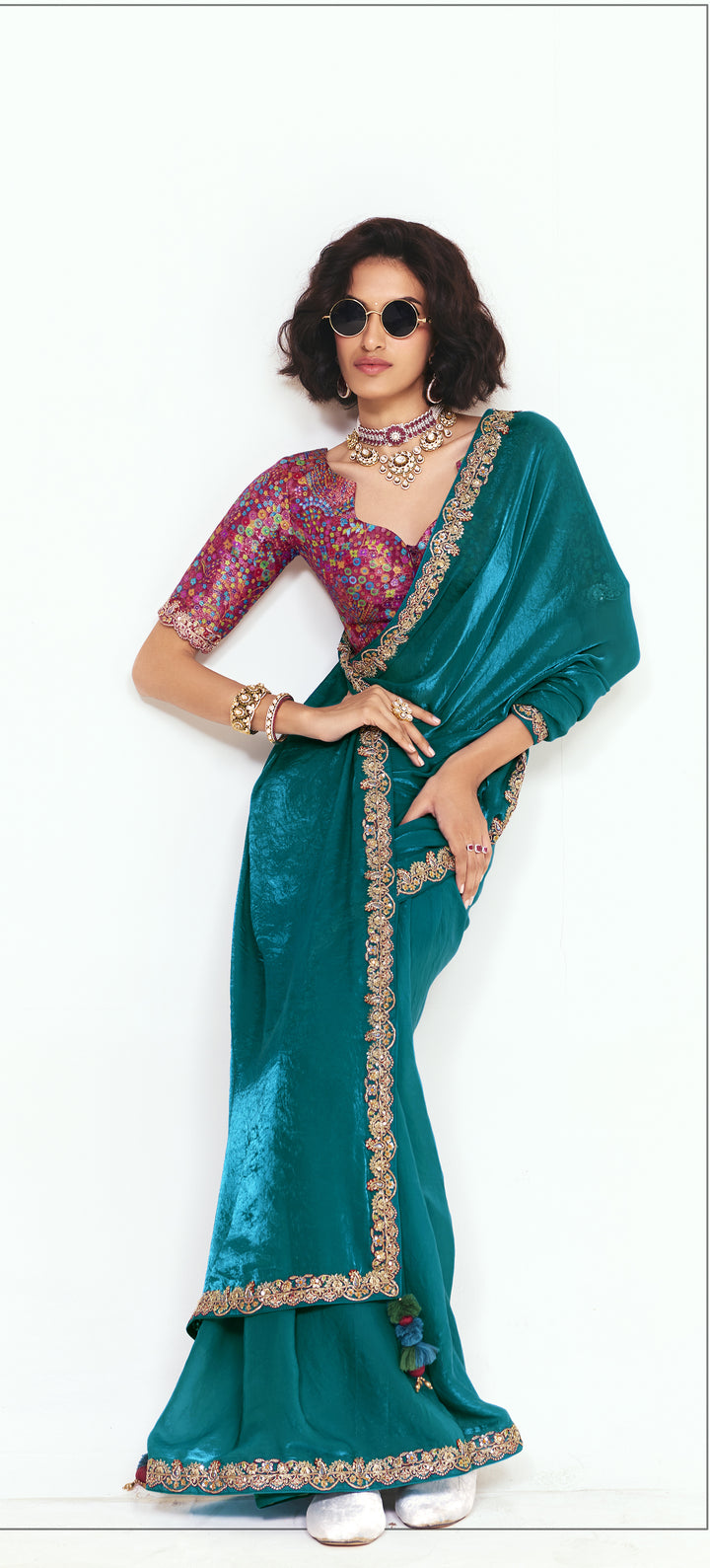 Teal Satin Saree with Embroidered Border & Designer Blouse