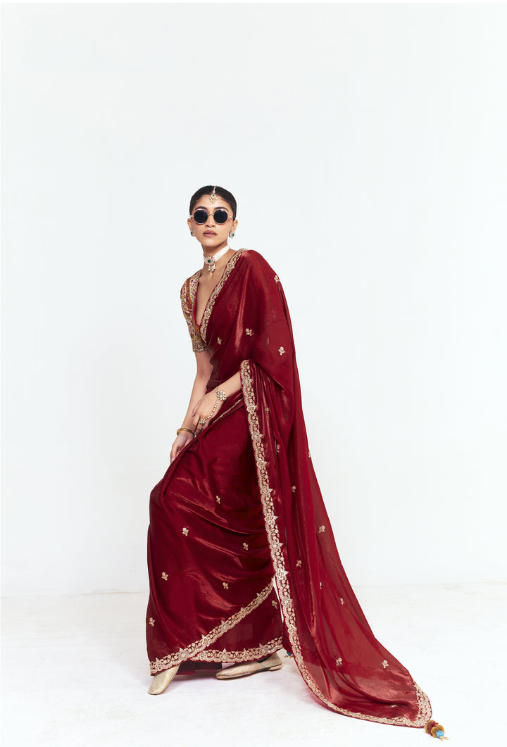 Wine Red Satin Saree with Embroidered Border & Designer Blouse