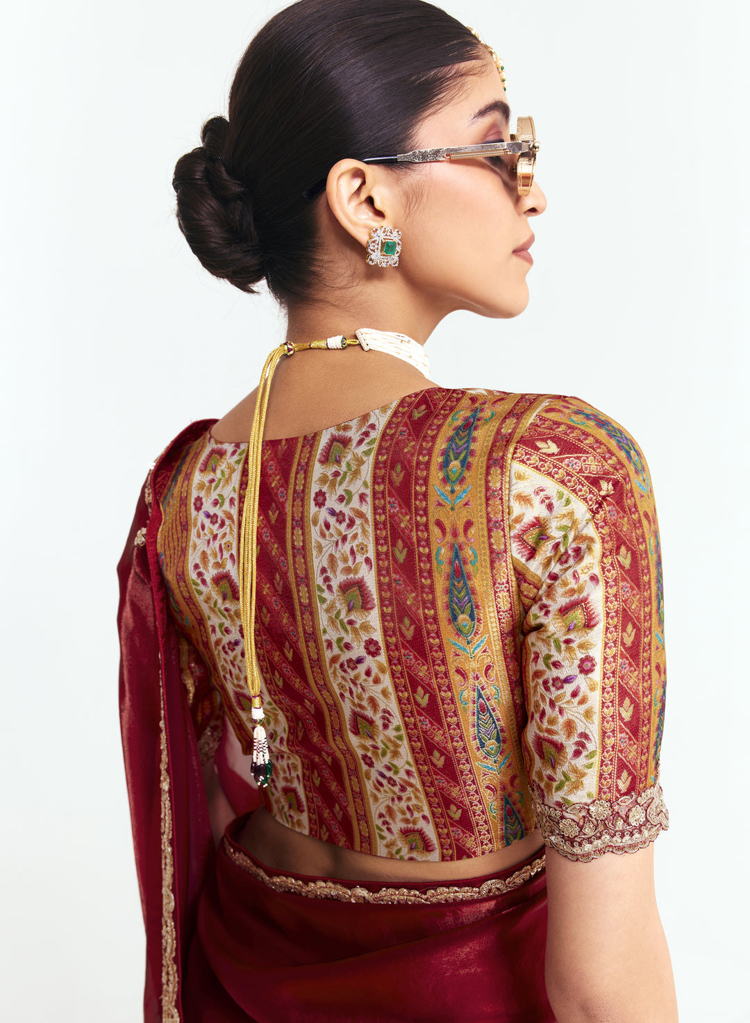 Wine Red Satin Saree with Embroidered Border & Designer Blouse