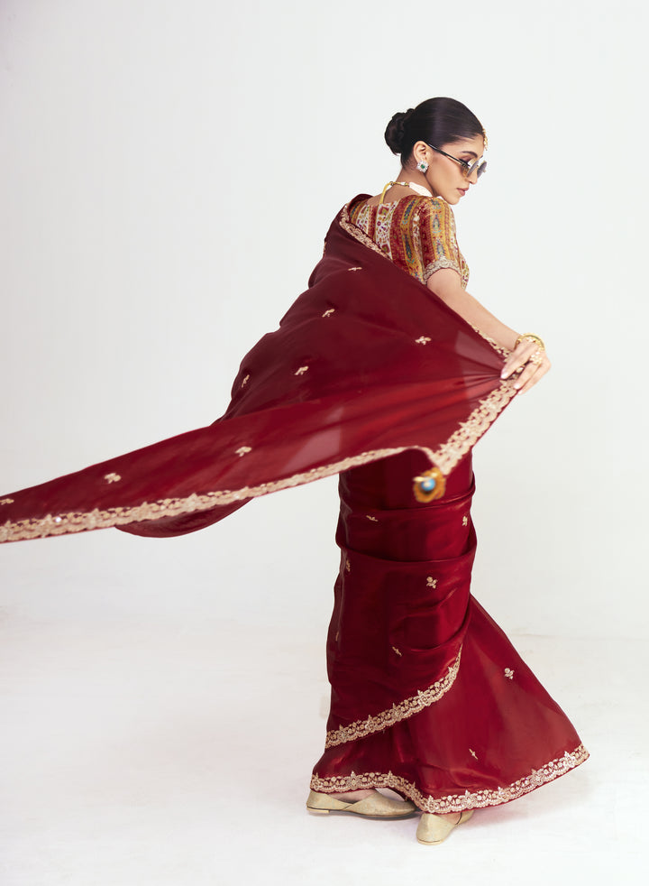 Wine Red Satin Saree with Embroidered Border & Designer Blouse