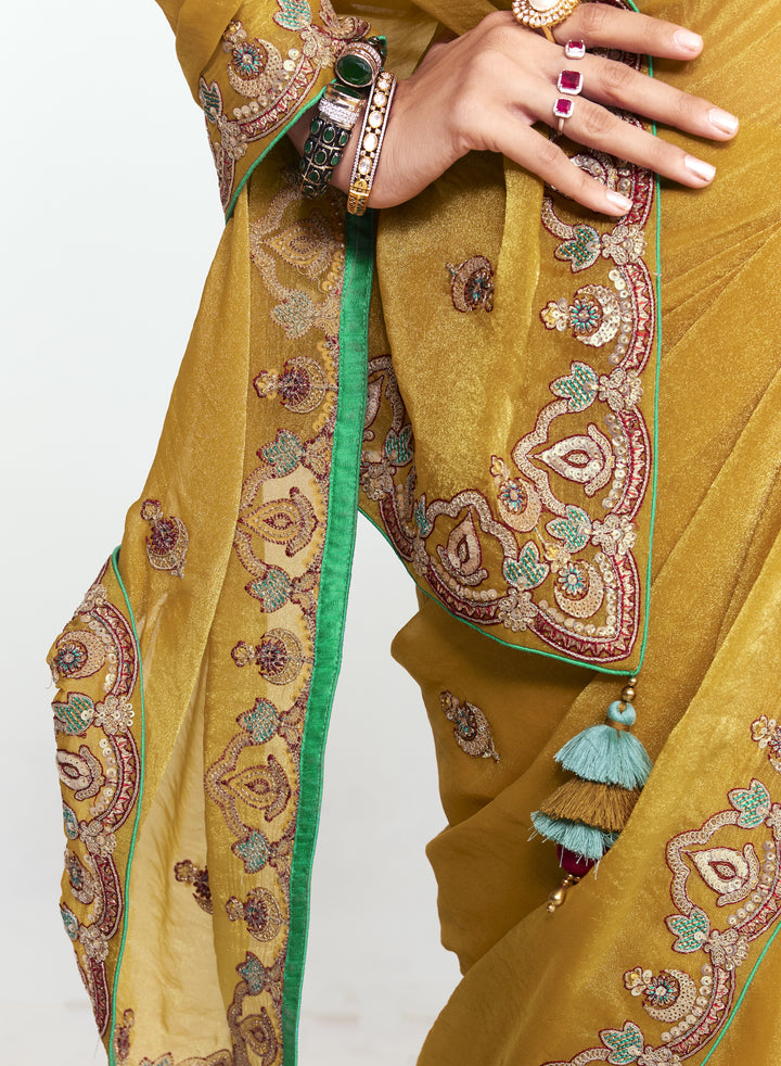 Mustard Georgette Saree with Embroidered Border & Designer Blouse