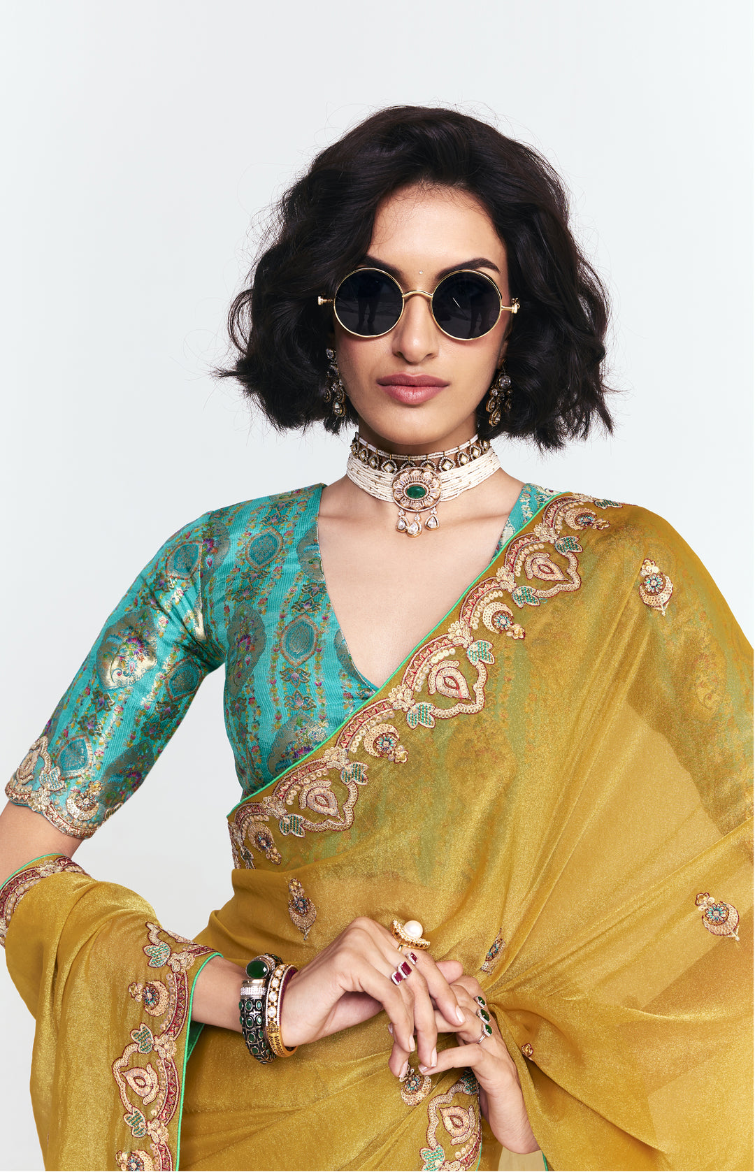 Mustard Georgette Saree with Embroidered Border & Designer Blouse