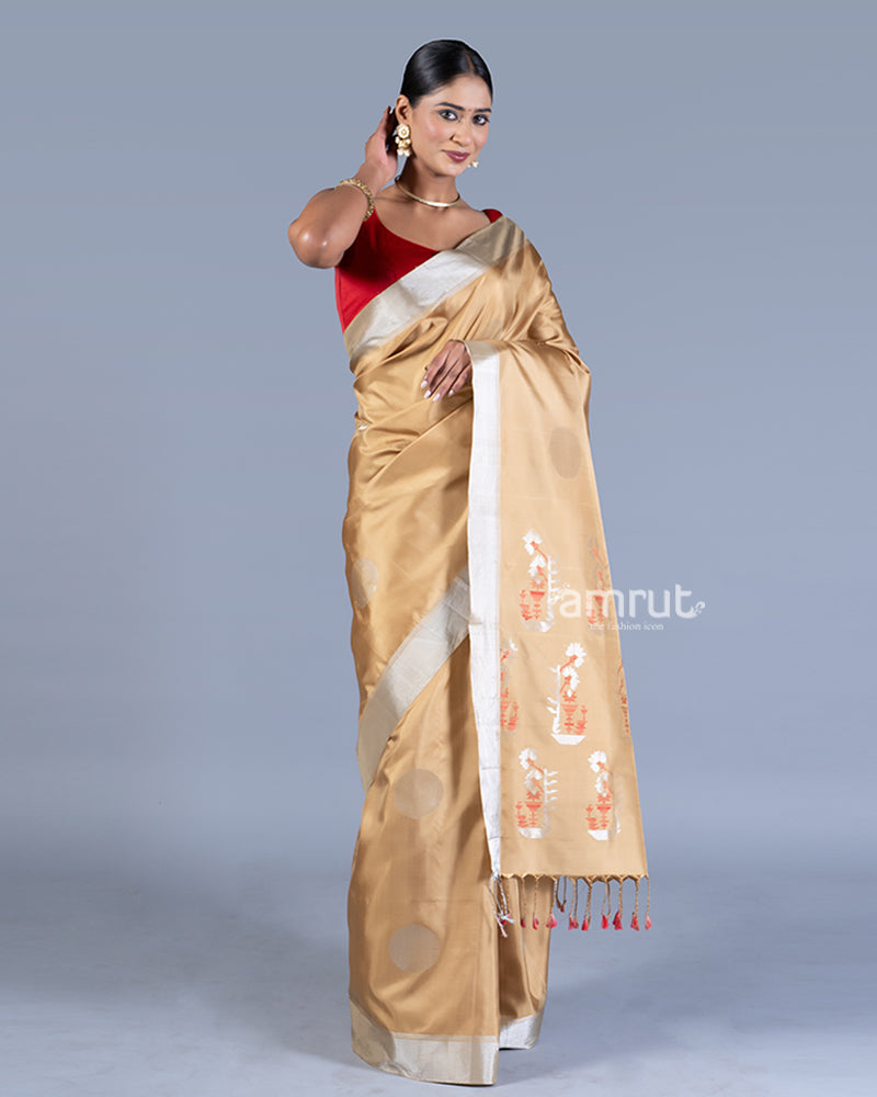 Golden-Beige with Silver Motifs and Red Accents Silk Saree with unstitched blouse