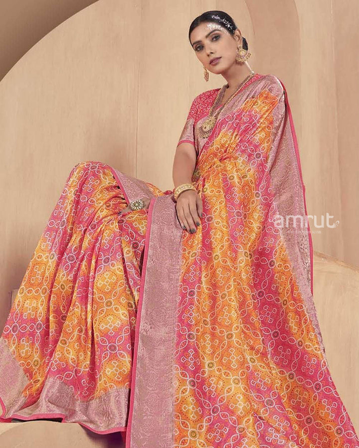 Multicolour Saree With Bandhani Print and Unstitched Blouse