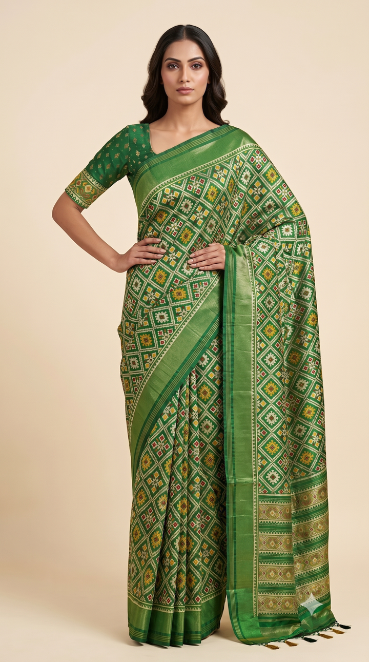 Patola Weaving Silk Saree with Traditional Geometric Ikat Design & Rich Zari Border
