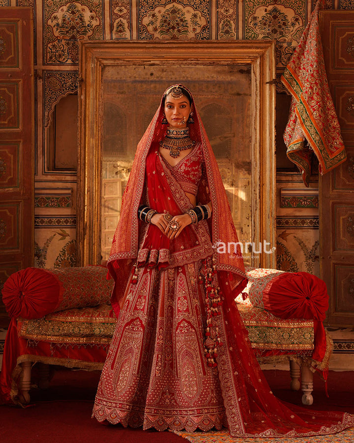 Red Sequins Embroidered Embellished Bridal Lehenga Choli and Net Dupatta