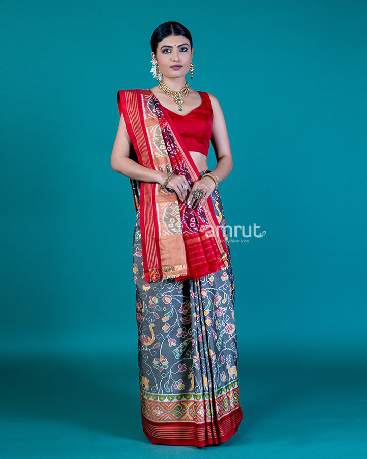 Grey Patola Silk Saree with Red Pallu, Printed Border, and Unstitched Blouse