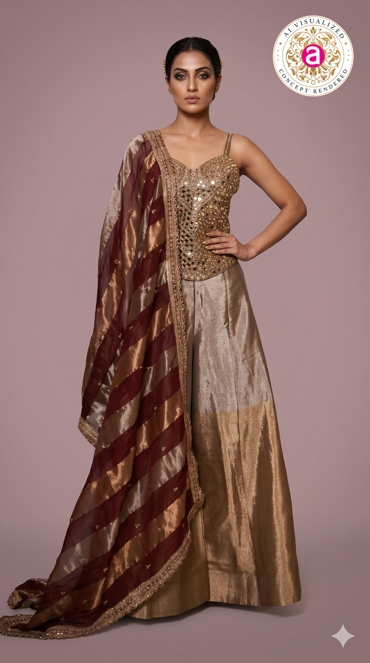Champagne Gold Embellished Corset Top with Silk Palazzo & Striped Organza Dupatta