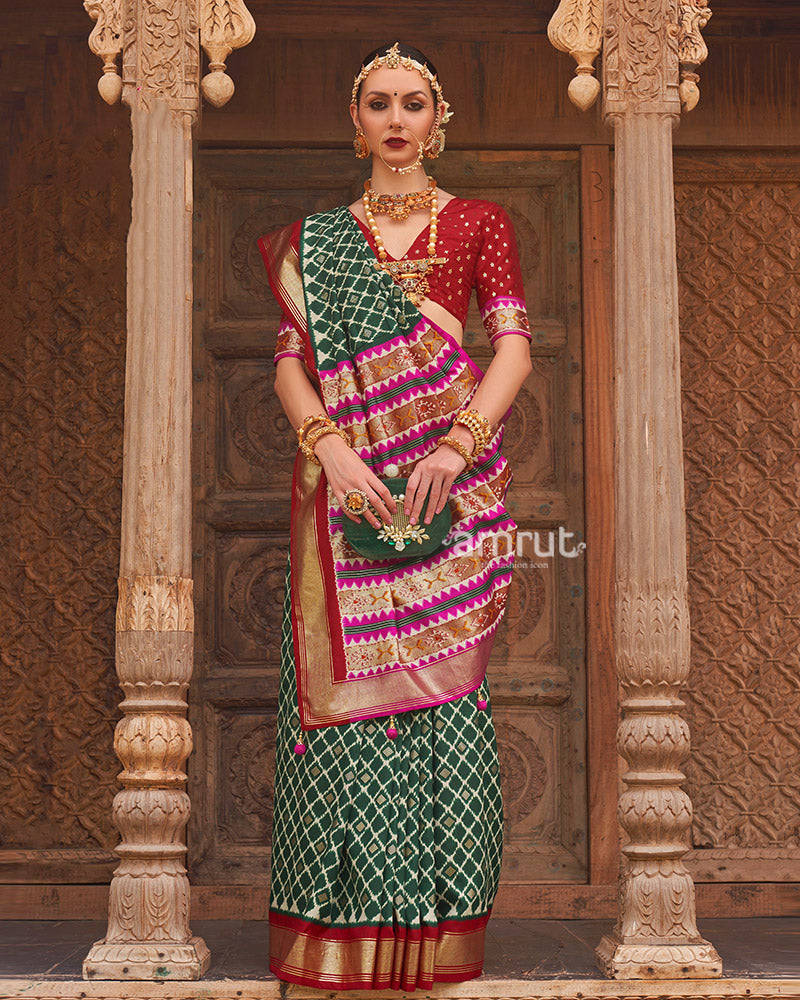 Green Zari Woven Patola Silk Saree with Unstitched Blouse