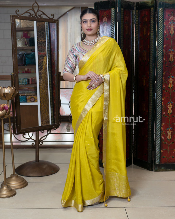 Yellow Zari Embellished Border Saree with Stitched Blouse