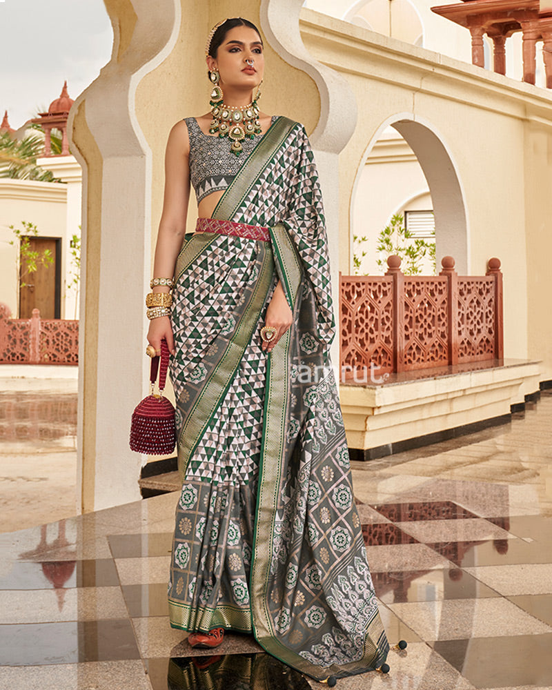 Green & White Geometric Printed Embellished Zari Border Silk Saree with Unstitched Blouse