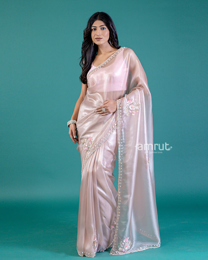 Peach Sequin-Embellished Floral Designer Saree with Unstitched Blouse