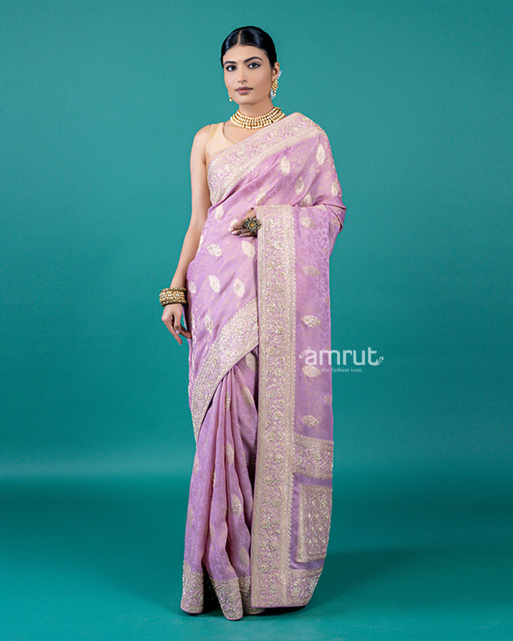 Lavender Zari embellished silk saree with unstitched blouse