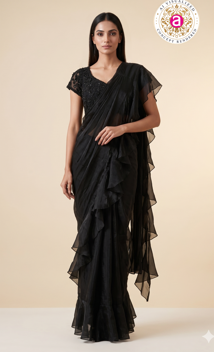 Elegant Black Ruffle Saree with Embellished Blouse