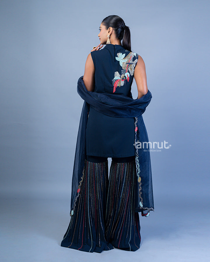 Regal Blue Embroidered Plum Top with Beaded Sharara Pants