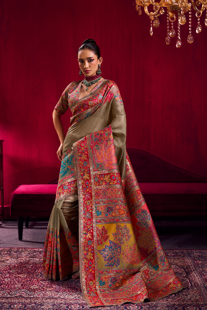 Golden Beige Kashmiri Modal Pashmina Saree with Multicolor Floral Weaving