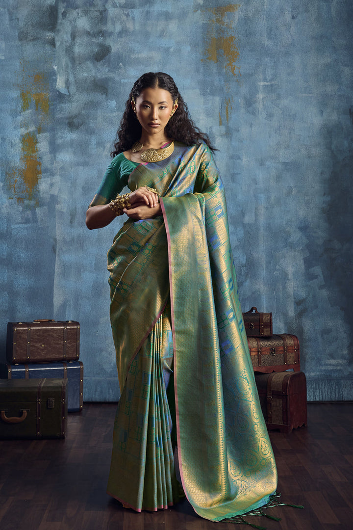 Sea Green Handloom Silk Saree with Gold Zari Weaving
