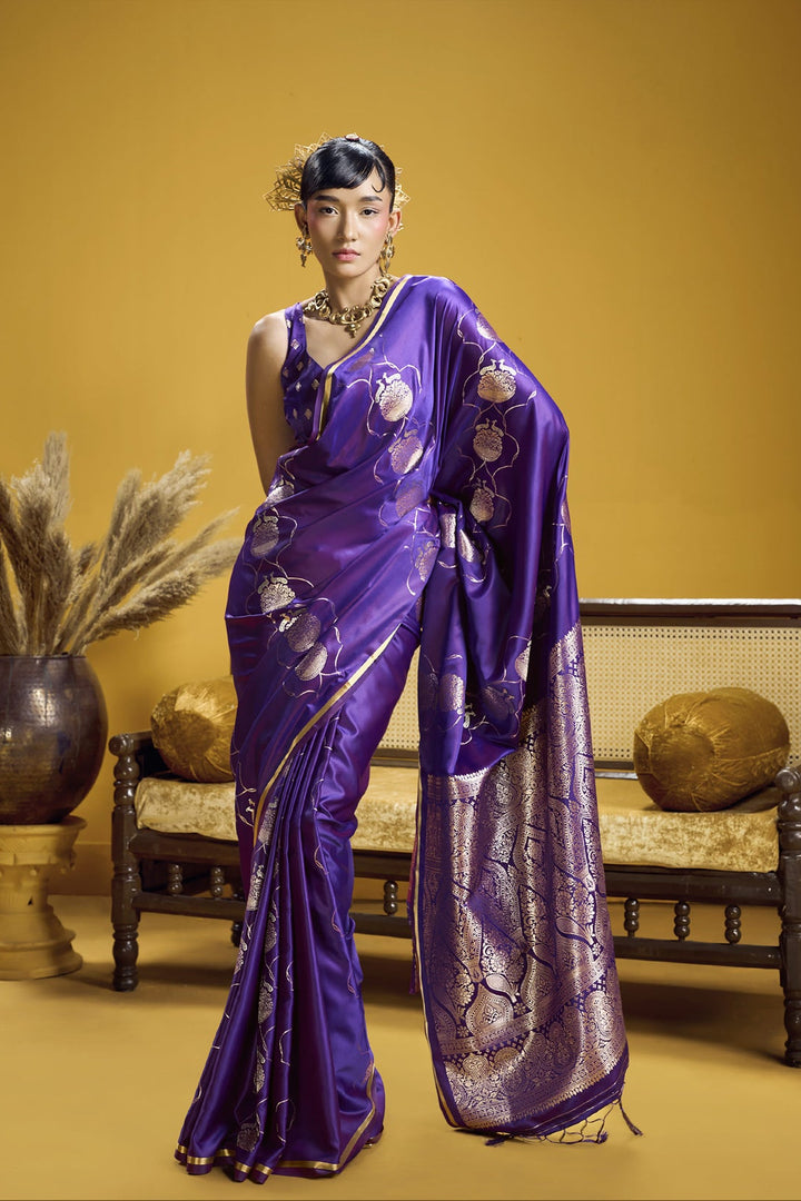 Royal Purple Satin Handloom Saree with Gold Woven Pallu