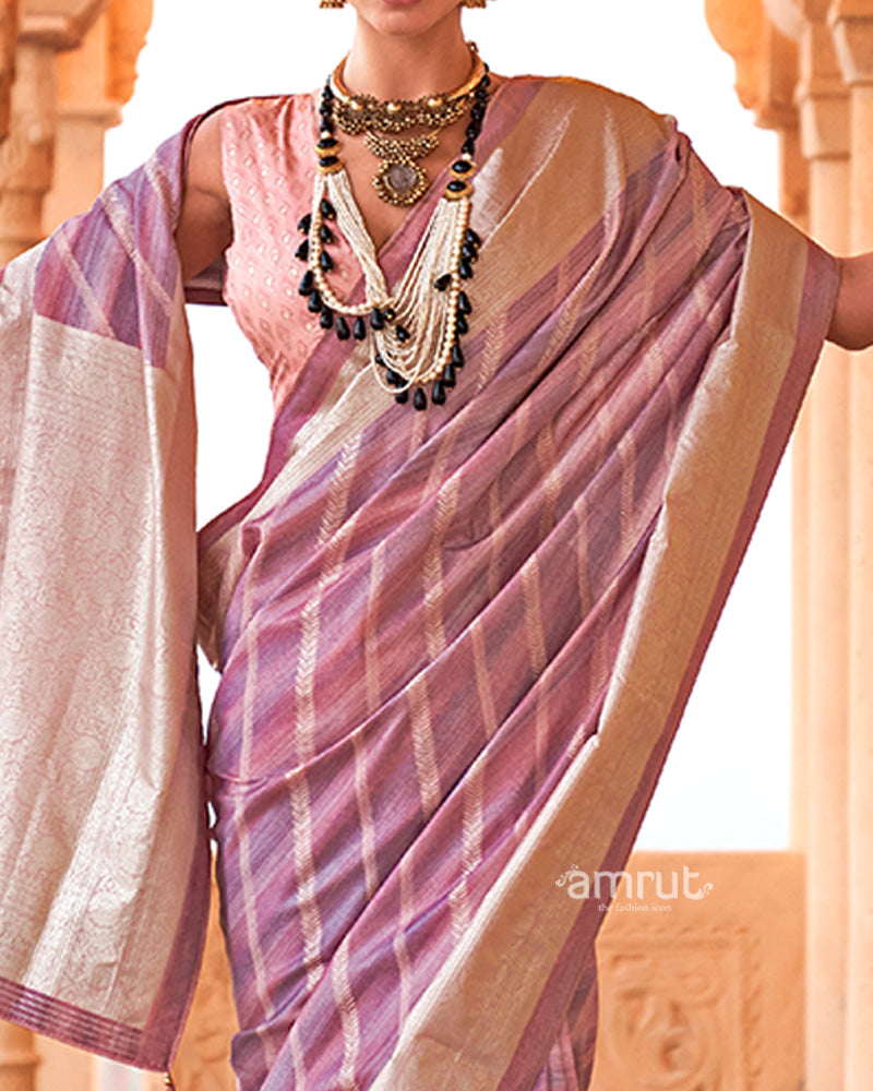 Lavender-Pink Striped Pattern and Golden Border Silk Saree with Unstitched Blouse