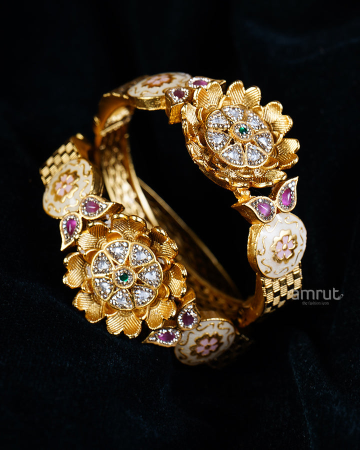 Golden Floral Motif Bangles with Gemstones