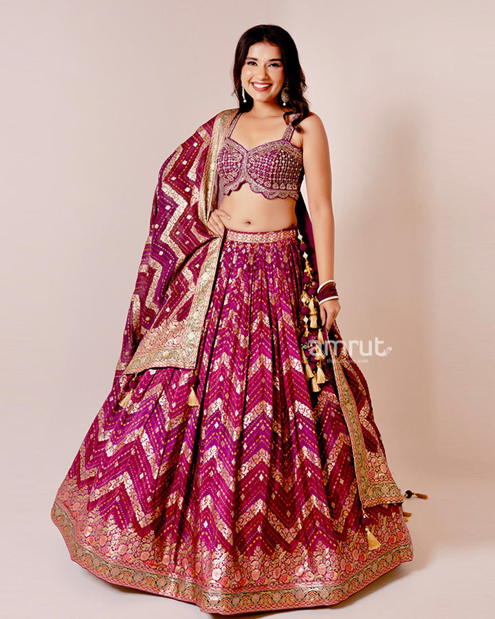 Maroon-Purple Pure Weaving Placement Print Embellished Lehenga Choli and Dupatta