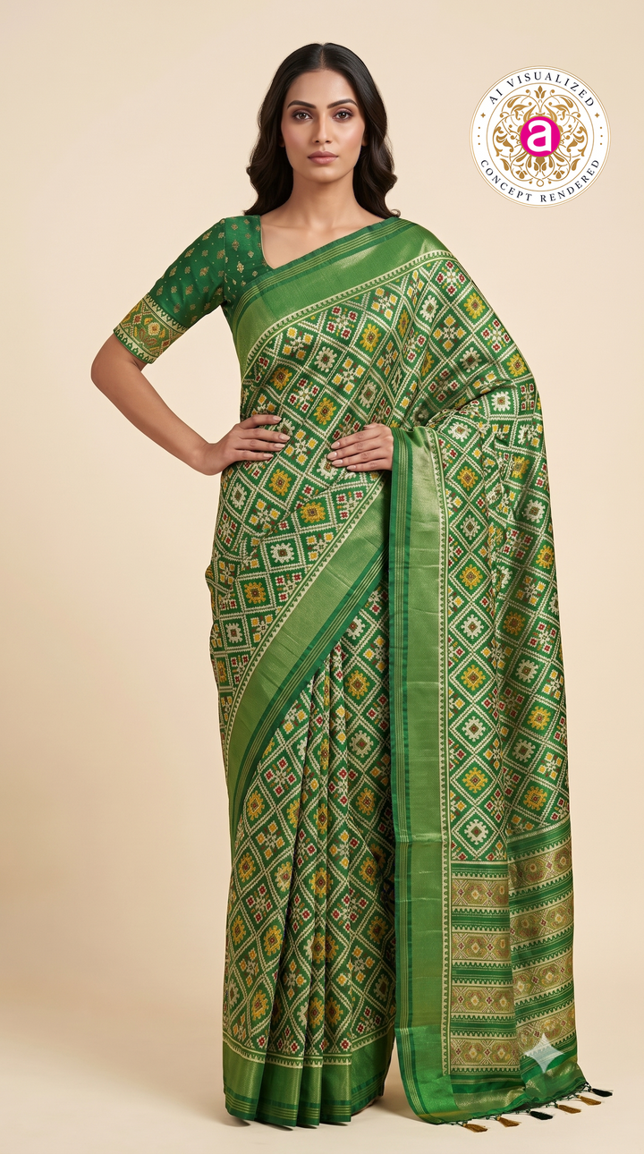 Patola Weaving Silk Saree with Traditional Geometric Ikat Design & Rich Zari Border