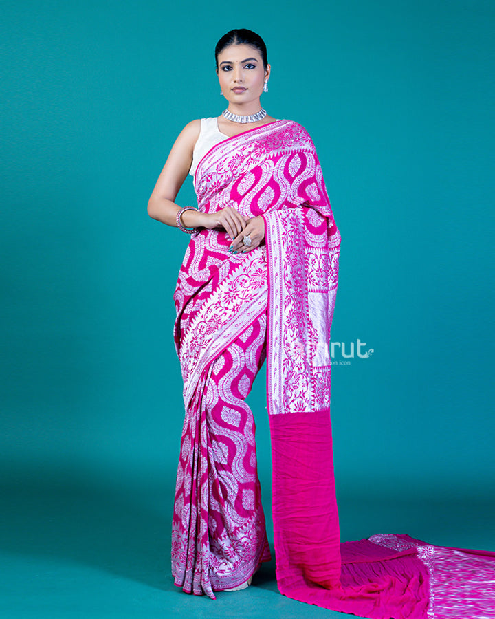 Vibrant Pink Saree with Silver Paisley Design and Unstitched Blouse