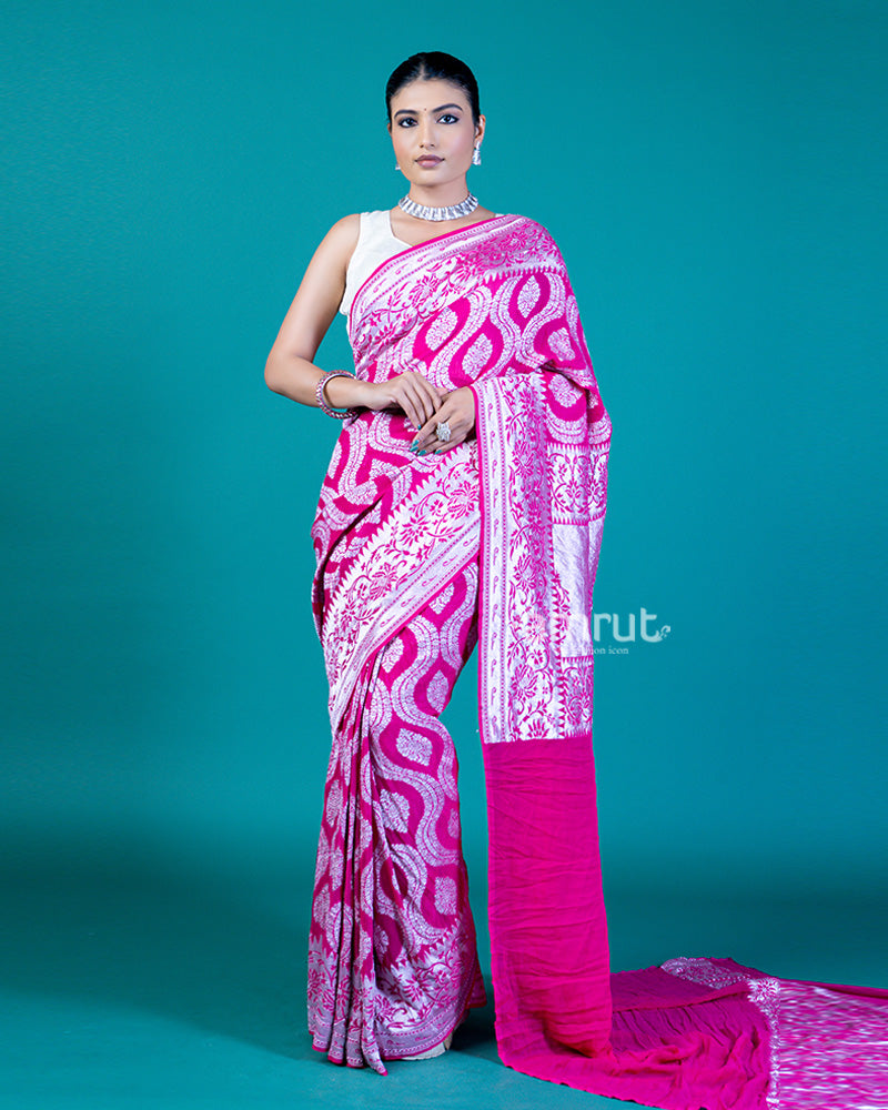 Vibrant Pink Saree with Silver Paisley Design and Unstitched