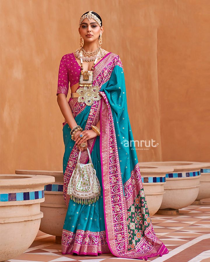 Royal Blue Zari Weaving Pink Border Saree in Patola Silk with Unstitched Blouse